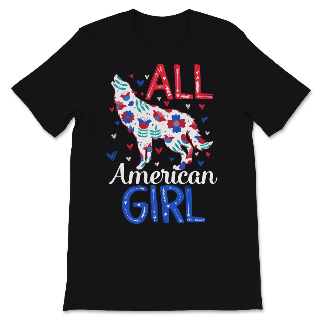 All American Girl Wolf Floral Pattern 4th of July USA Unisex T-Shirt